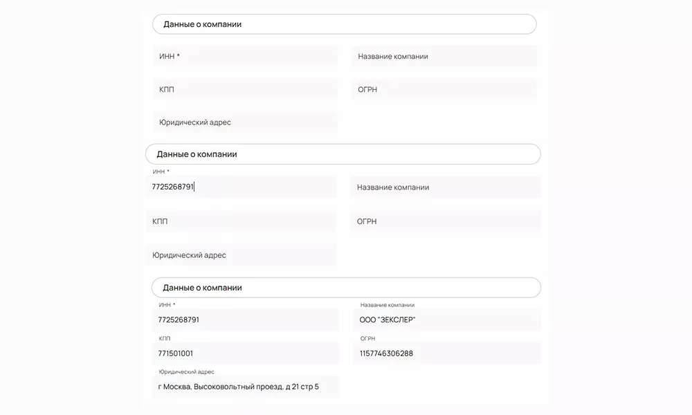 Форма заполнения данных о компании